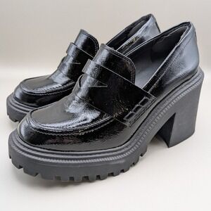 A New Day Womens Black Faux Patent Leather Block Heel Loafers Size 7